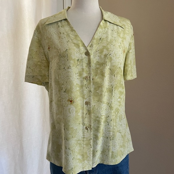 Vintage 100% Silk Diane Von Furstenberg DVF Silk Assets Lime Green Floral Blouse - Picture 4 of 7